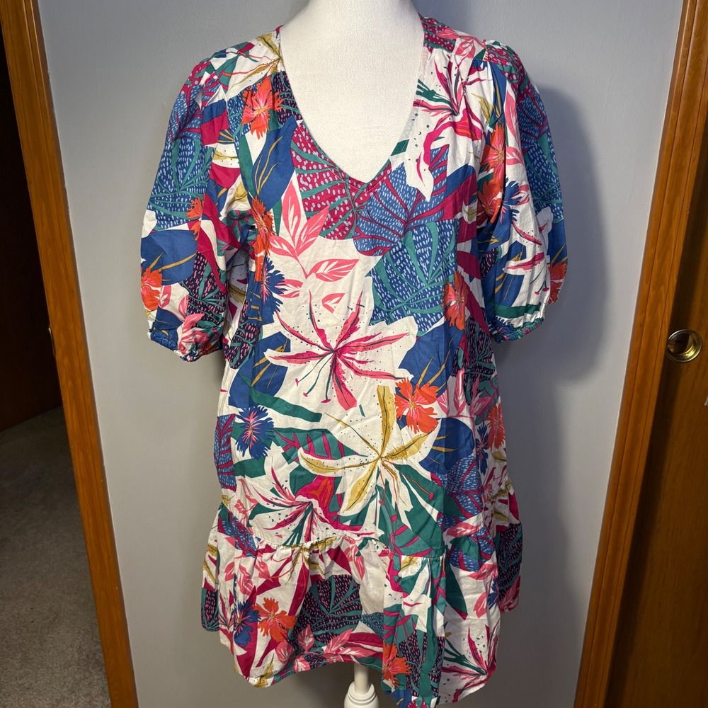 SUNDRY Tropical Floral Print Short Sleeve Ruffle Hem cotton Dress‎ Size S